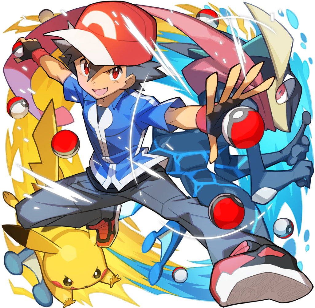 &gt;:d 1boy :d black_hair fingerless_gloves gloves greninja hat layered_clothing looking_at_viewer male_focus one_leg_raised open_mouth outstretched_arms pants pikachu poke_ball pokemon pokemon_(anime) pokemon_(creature) red_eyes saitou_naoki satoshi_(pokemon) shoes short_hair short_sleeves smile sneakers solo spread_arms tongue