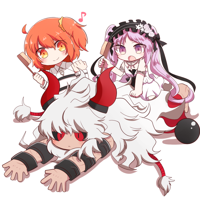 1boy 2girls asterios_(fate/grand_order) black_sclera cuffs euryale fate/grand_order fate_(series) female_protagonist_(fate/grand_order) hair_brush horns long_hair lying mane motiumai multiple_girls musical_note on_stomach open_mouth orange_eyes purple_hair red_eyes redhead scar shackles side_ponytail smile twintails very_long_hair violet_eyes white_hair