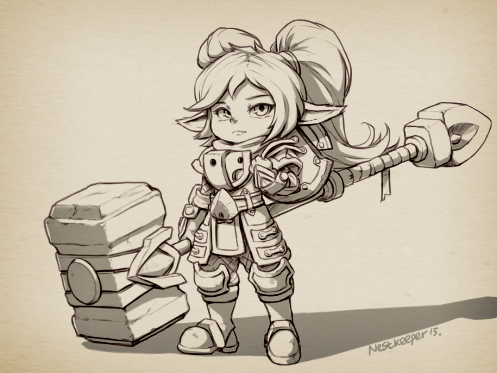 1girl armor hammer league_of_legends long_hair monochrome nestkeeper pointy_ears poppy twintails weapon yordle