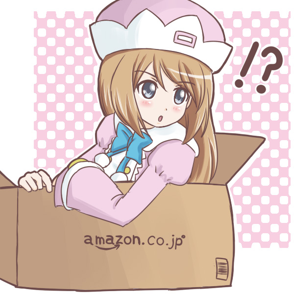 !? 1girl atair blue_eyes blush box brown_hair cardboard_box hat long_hair neptune_(series) ram_(choujigen_game_neptune) solo