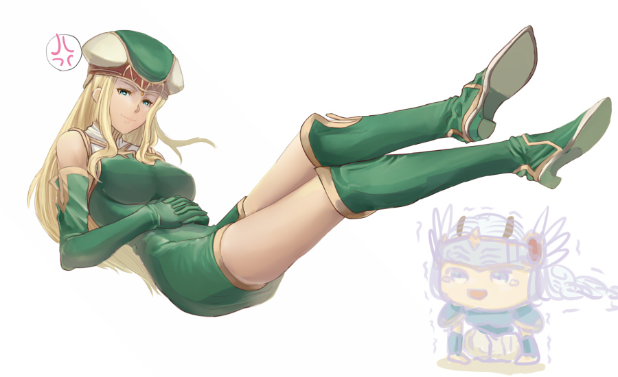 :d armor bare_shoulders blonde_hair boots chibi elbow_gloves freya gloves green_eyes hat lenneth_valkyrie long_hair looking_at_viewer open_mouth simple_background smile spaulders trembling valkyrie_profile vambraces