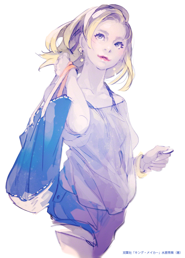 1girl blonde_hair blue_shorts bra_strap bracelet casual copyright_request cowboy_shot earrings hand_up holding holding_bag jewelry long_hair looking_away looking_up mole mole_under_eye off-shoulder_shirt pomodorosa red_lips shirt shorts simple_background smile solo white_background