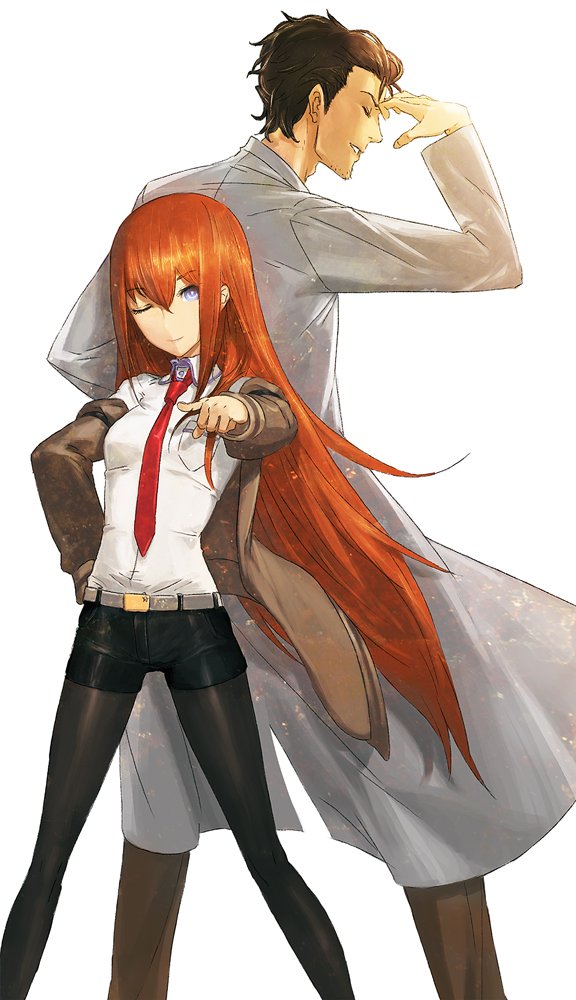 1boy 1girl ;) back-to-back black_hair blue_eyes closed_eyes facial_hair huke jacket labcoat legwear_under_shorts makise_kurisu necktie okabe_rintarou one_eye_closed pantyhose pose redhead shorts simple_background smile steins;gate stubble white_background