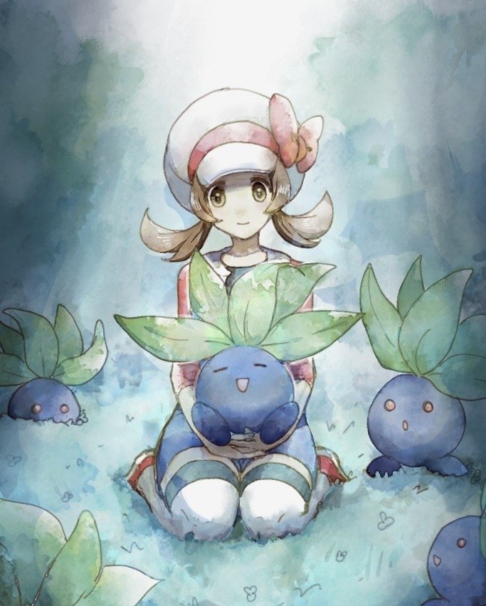1girl asuka_rkgk blue_overalls bow brown_eyes brown_hair cabbie_hat closed_mouth hat hat_bow holding holding_pokemon long_hair looking_at_viewer lyra_(pokemon) oddish overalls pokemon pokemon_(creature) pokemon_(game) pokemon_hgss red_bow red_footwear red_shirt shirt shoes sitting smile thigh-highs twintails white_headwear