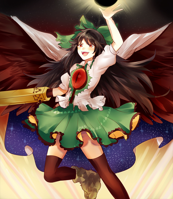 1girl :d arm_cannon bangs black_hair boots bow cape frills green_bow green_skirt hair_bow long_hair open_mouth puffy_short_sleeves puffy_sleeves raised_hand red_eyes reiuji_utsuho revision shirt short_sleeves sketch skirt smile solo starry_sky_print teeth thigh-highs touhou very_long_hair weapon white_shirt yuli_(yulipo)