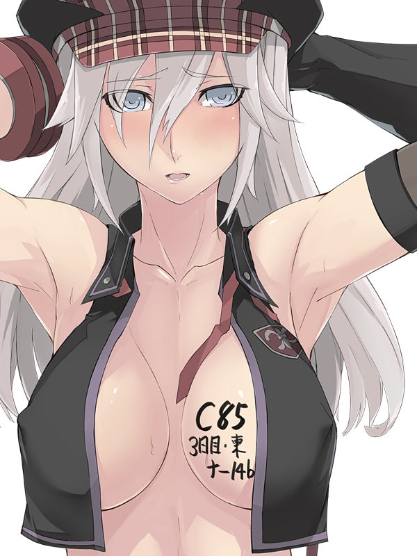 1girl alisa_ilinichina_amiella blue_eyes blush boots breasts cabbie_hat el-f elbow_gloves fingerless_gloves gloves god_eater god_eater_burst hat large_breasts long_hair looking_at_viewer no_bra open_clothes open_shirt pantyhose shirt silver_hair solo suspenders thigh-highs thigh_boots