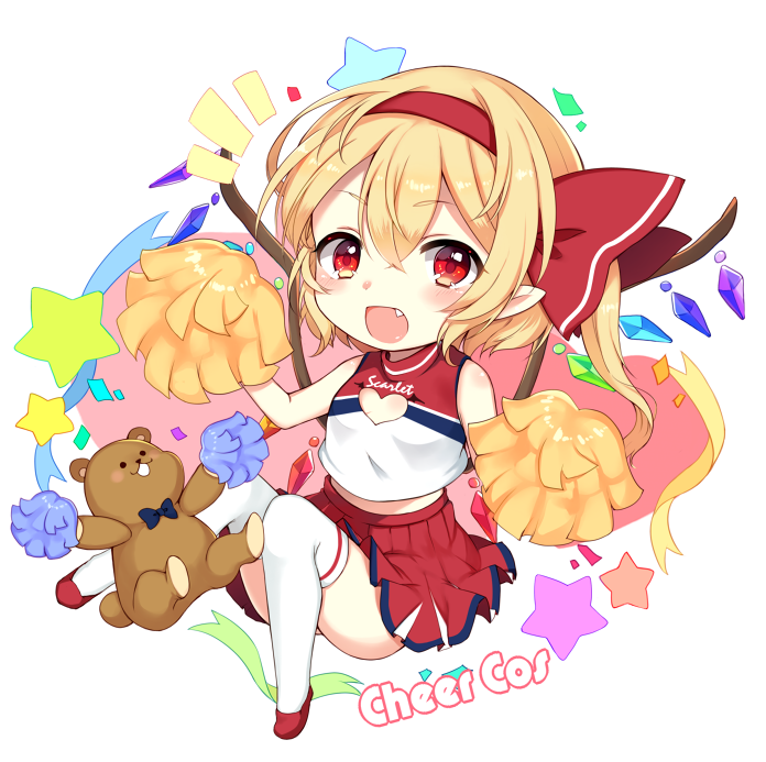 1girl blonde_hair cheering cheerleader fang flandre_scarlet hair_ribbon looking_at_viewer open_mouth paragasu_(parags112) pom_poms red_eyes ribbon shirt side_ponytail skirt smile solo star stuffed_animal stuffed_toy teddy_bear thigh-highs touhou white_legwear wings