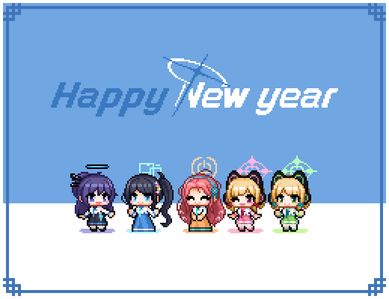 5girls aris_(blue_archive) black_hair blonde_hair blue_archive blue_eyes chima_(clothes) closed_eyes closed_mouth game_development_department_(blue_archive) green_eyes green_halo halo hanbok happy_new_year korean_clothes long_hair long_sleeves mechanical_halo midori_(blue_archive) momoi_(blue_archive) multiple_girls one_eye_closed open_mouth orange_halo pink_halo pixel_art purple_hair red_eyes redforge redhead short_hair short_sleeves smile violet_eyes yuuka_(blue_archive) yuzu_(blue_archive)
