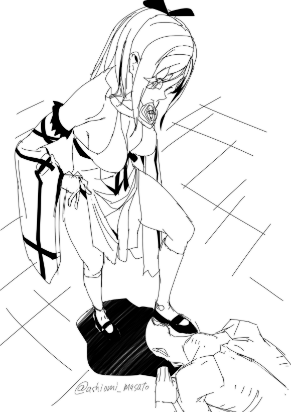 1boy 1girl ashiomi_masato breasts cleavage detached_sleeves drag-on_dragoon_3 flower_eyepatch hands_on_hips kneehighs long_hair looking_down monochrome pelvic_curtain perspective sideboob stepped_on zero_(drag-on_dragoon)