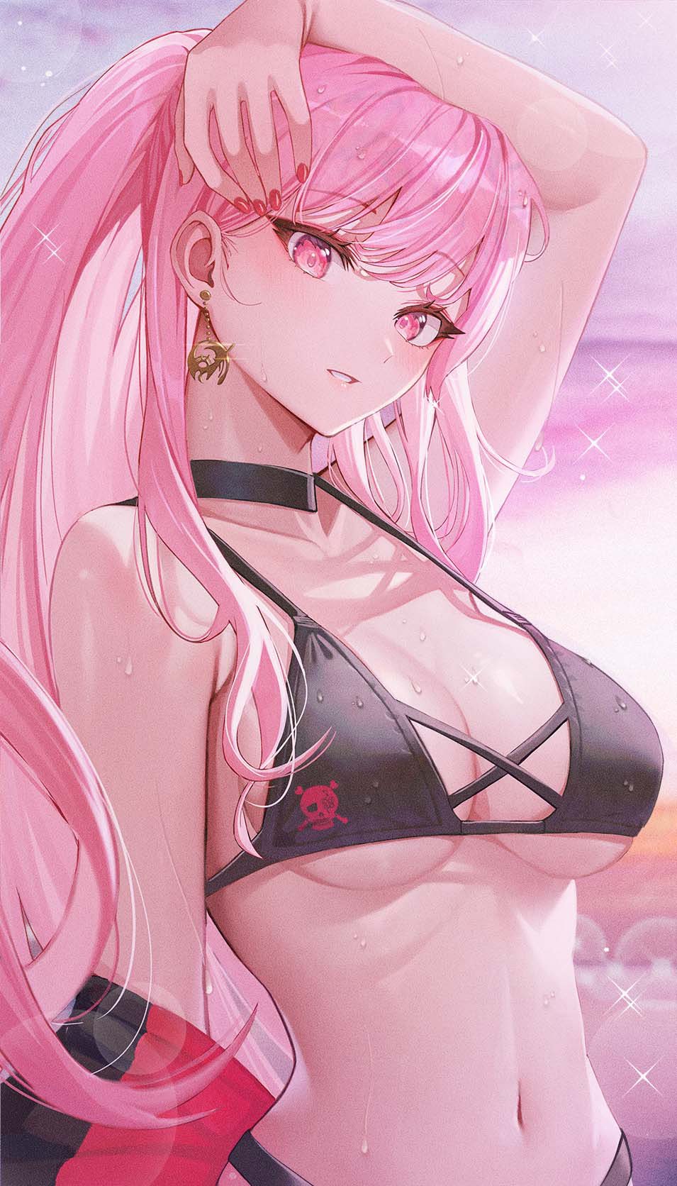 1girl bangs bikini black_bikini black_choker breasts choker commentary_request earrings eyebrows_visible_through_hair highres hololive hololive_english jewelry large_breasts long_hair looking_at_viewer mori_calliope nail_polish navel outdoors parted_lips pink_eyes pink_hair ponytail red_nails sanada_keisui solo stomach strap_gap swimsuit upper_body virtual_youtuber wet wet_clothes wet_swimsuit