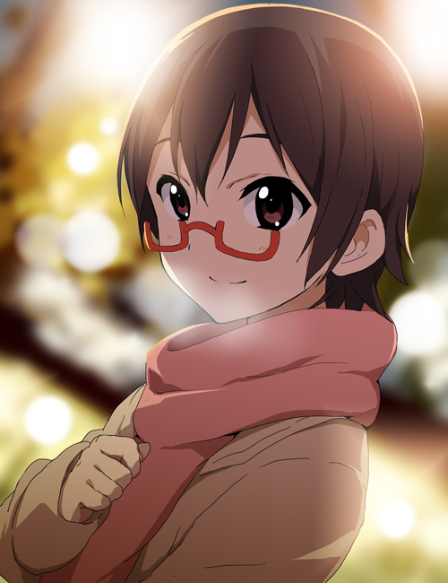 1girl brown_eyes brown_hair glasses k-on! kisuke_(akutamu) manabe_nodoka red-framed_glasses scarf semi-rimless_glasses short_hair smile under-rim_glasses