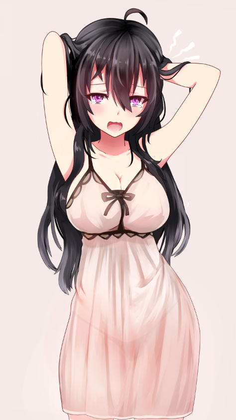 1girl ahoge antenna_hair arms_behind_head beifeng_han black_hair breasts cleavage hair_between_eyes hair_down highleg highleg_panties large_breasts miyaura_sanshio open_mouth original pajamas panties see-through solo tears thighs underwear violet_eyes wavy_hair