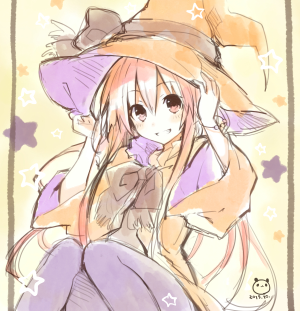 1girl choujigen_game_neptune grin hat looking_at_viewer neptune_(series) red_eyes redhead shakeko_(choujigen_game_neptune) signature sketch smile solo tsunako witch witch_hat