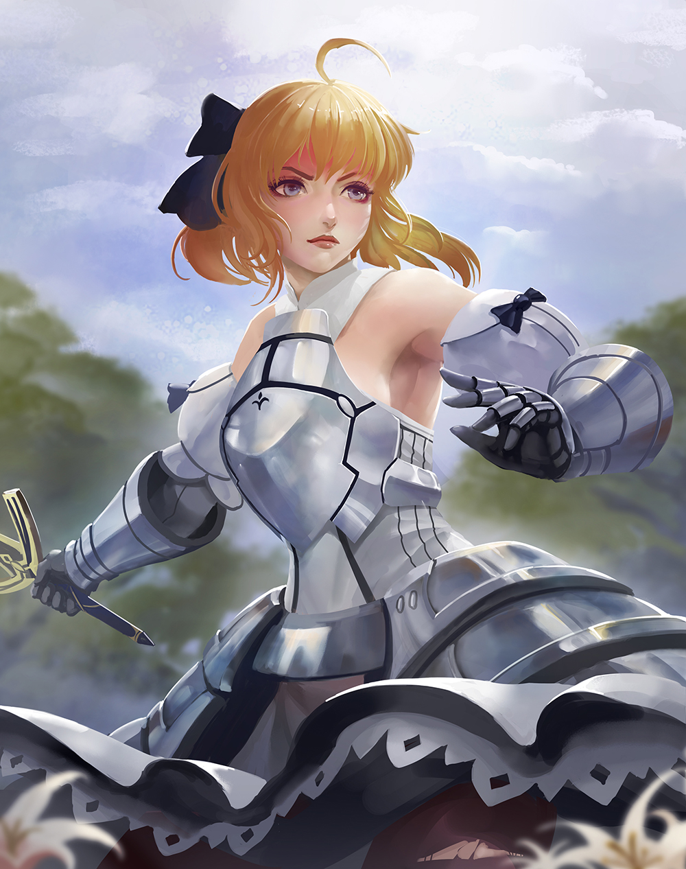 1girl ahoge armor armored_dress armpits bangs bare_shoulders black_legwear blonde_hair blurry bow closed_mouth clouds cowboy_shot detached_sleeves dress fate/stay_night fate_(series) faulds flower gauntlets hair_bow hair_ribbon half_updo highres holding_sword holding_weapon kaze_no_gyouja lace-trimmed_dress lily_(flower) looking_away outdoors pantyhose puffy_sleeves ribbon saber skirt skirt_lift sky solo sword torn_clothes torn_pantyhose tree upskirt weapon white_flower