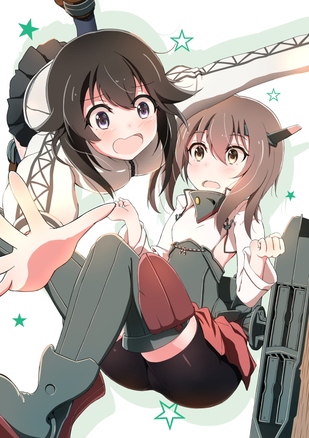 2girls bike_shorts black_hair black_skirt breasts brown_eyes brown_hair clenched_hands grey_eyes hair_between_eyes hayasui_(kantai_collection) headband headgear jacket kantai_collection leg_up long_sleeves machinery miniskirt multiple_girls open_hands open_mouth outstretched_arms panikuru_yuuto pleated_skirt short_hair shorts_under_skirt skirt star taihou_(kantai_collection) thigh-highs track_jacket turtleneck