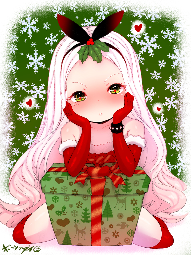 1girl blush born-to-die christmas flat_chest green_eyes heart heart-shaped_pupils long_hair looking_at_viewer original solo symbol-shaped_pupils white_hair