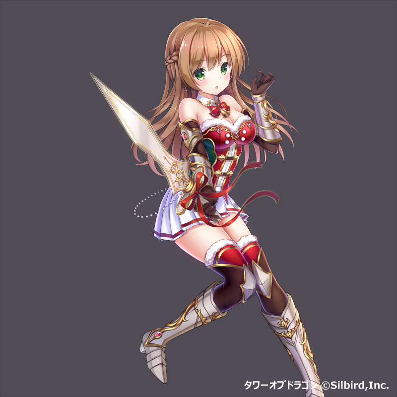 1girl armored_boots bare_shoulders bell black_background black_gloves boots breasts brown_hair chestnut_mouth christmas company_name detached_collar elbow_gloves gloves green_eyes hair_ribbon holding holding_sword holding_weapon jingle_bell knee_boots knees_together_feet_apart long_hair one_side_up outstretched_arm ribbon sakura_honoka_(srhk0623) simple_background skirt solo sword tower_of_dragon watermark weapon