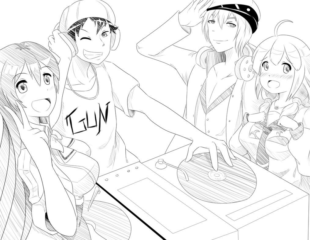 2boys 2girls admiral_(kantai_collection) blush breasts chikuma_(kantai_collection) dj edm greyscale hands_on_own_chest headphones huge_breasts kantai_collection long_hair monochrome multiple_boys multiple_girls oc open_mouth original salute sketch smile taigei_(kantai_collection) twintails v wangphing