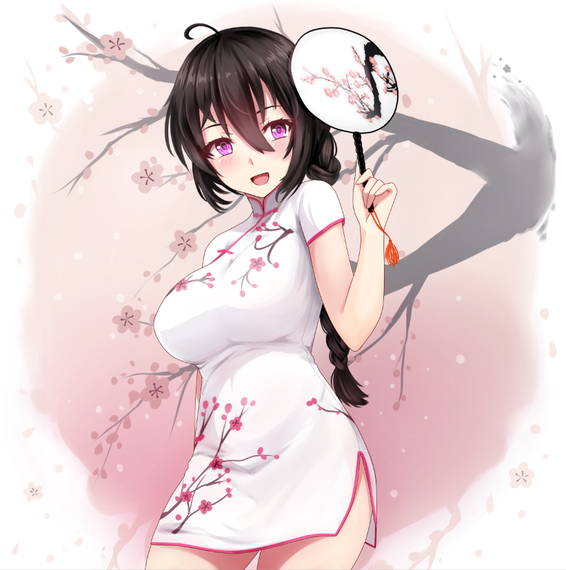 1girl :d ahoge arm_at_side beifeng_han black_hair blush braid breasts china_dress chinese_clothes cowboy_shot dress fan floral_print flower hair_between_eyes holding large_breasts long_hair miyaura_sanshio open_mouth original paper_fan plum_blossoms print_dress short_dress short_sleeves side_slit single_braid smile solo tassel uchiwa violet_eyes white_dress