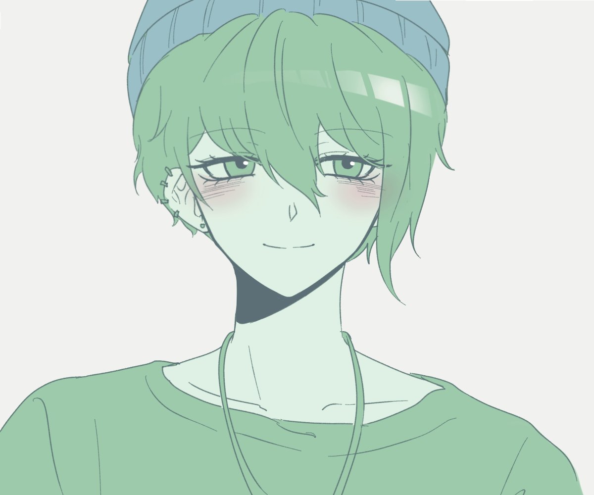 1boy alternate_costume amami_rantarou bangs beanie blue_headwear closed_mouth collarbone commentary_request dangan_ronpa_(series) dangan_ronpa_v3:_killing_harmony ear_piercing green_hair green_shirt grey_background hat jewelry male_focus necklace piercing porary portrait shiny shiny_hair shirt short_hair simple_background smile solo upper_body