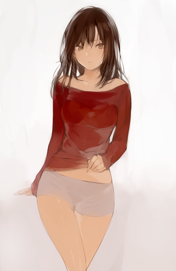 1girl brown_eyes brown_hair collarbone expressionless grey_background long_hair long_sleeves lp_(hamasa00) original red_shirt shirt shirt_lift shorts simple_background solo standing