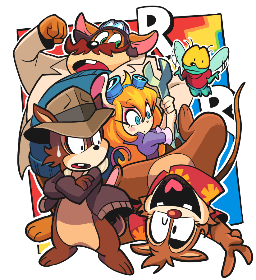 1girl 4boys animal_ears blonde_hair blue_eyes bottomless buck_teeth chip_'n_dale_rescue_rangers chip_(disney) chipmunk constricted_pupils cowboy_hat crossed_arms dale_(disney) disney eyeshadow facial_hair fly gadget_hackwrench gashi-gashi goggles goggles_on_head hat hawaiian_shirt jacket jumpsuit long_hair makeup monterey_jack multiple_boys mustache open_clothes open_jacket shirt squirrel sweatdrop tail v wrench zipper_(chip_'n_dale)