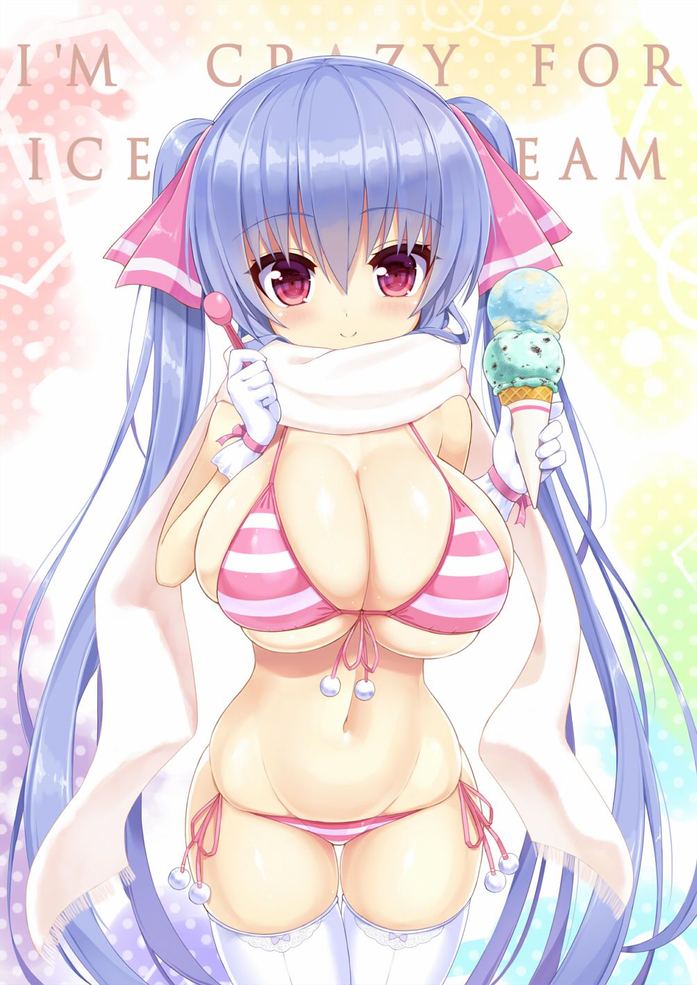 1girl bikini blush breasts cleavage food gloves hair_ornament highres huge_breasts ice_cream ice_cream_cone long_hair navel original purple_hair red_eyes riko_(shuz) scarf shuz_(dodidu) smile solo striped striped_bikini striped_swimsuit swimsuit thigh-highs white_gloves white_legwear