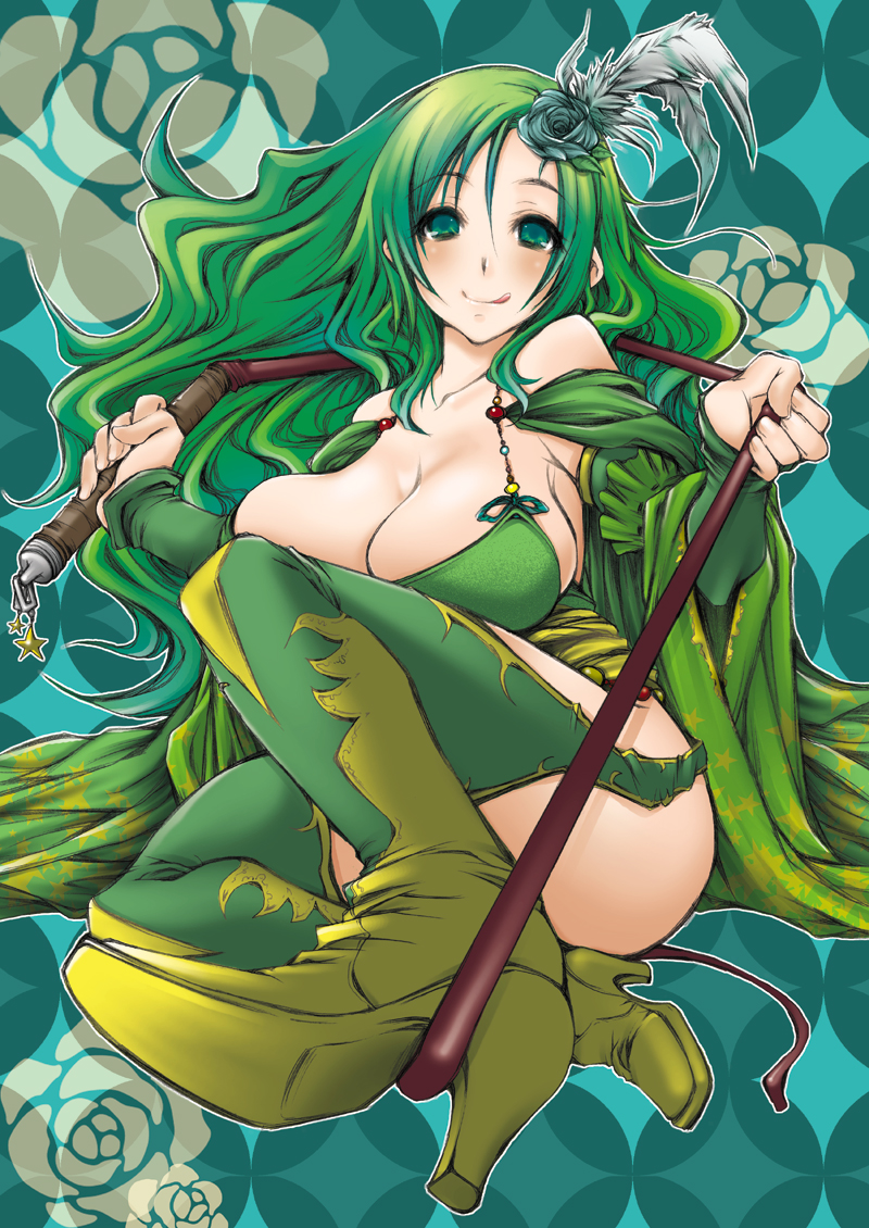 1girl :q bare_shoulders blush boots breasts bridal_gauntlets cleavage feathers final_fantasy final_fantasy_iv flower green_boots green_eyes green_hair green_rose hair_feathers hair_flower hair_ornament large_breasts long_hair okamocho older rose rydia smile solo thigh-highs tongue tongue_out whip