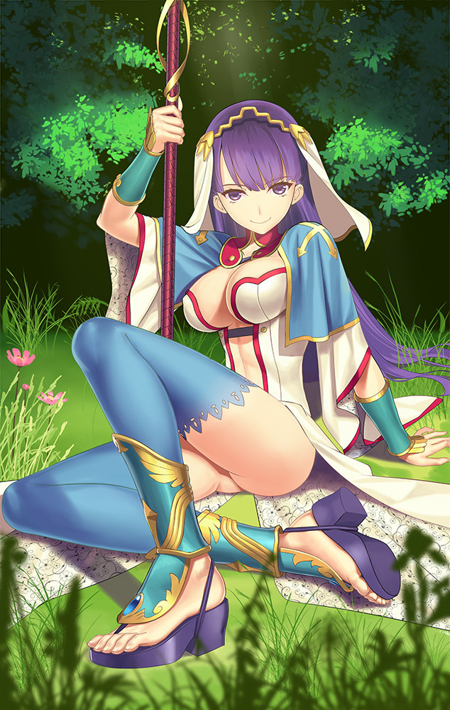1girl arm_support armor ass bangs blue_legwear breasts capelet cleavage closed_mouth cross_print fate/grand_order fate_(series) grass high_heels holding_weapon lace lace-trimmed_legwear leggings long_hair looking_at_viewer no_panties on_ground outdoors purple_hair saint_martha sitting smile solo staff thigh-highs tsukikanade type-moon vambraces veil very_long_hair violet_eyes wide_sleeves