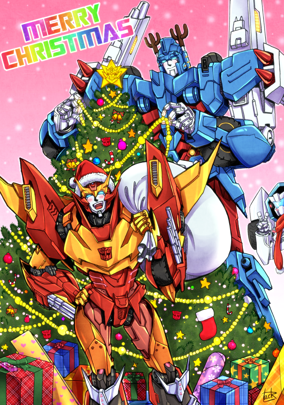 3boys antlers autobot christmas christmas_lights christmas_ornaments christmas_tree gift hat highres insignia merry_christmas multiple_boys reindeer_antlers rodimus santa_hat scarf t.a.c.k. tailgate text transformers ultra_magnus