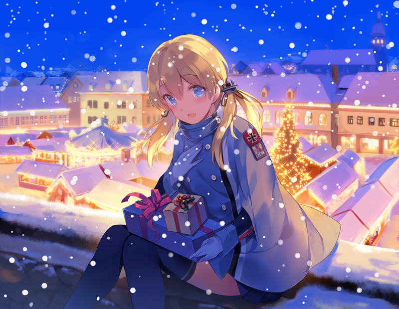 1girl anchor_hair_ornament badge black_skirt blonde_hair blue_eyes blush building buttons cape carousel christmas_market christmas_tree church commentary fir_tree gift gloves hair_between_eyes hair_ornament hand_on_own_chest house iron_cross kantai_collection knees_together_feet_apart long_sleeves looking_at_viewer low_twintails night night_sky pleated_skirt prinz_eugen_(kantai_collection) short_hair sitting skirt sky snow snowflakes snowing solo thigh-highs thighs tousaki_umiko town twintails white_gloves zettai_ryouiki