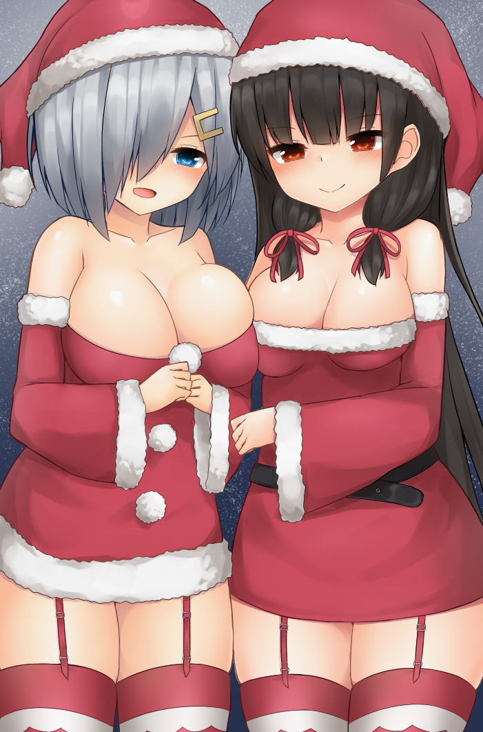 2girls alternate_costume asymmetrical_docking bare_shoulders belt black_hair blue_eyes blush breast_press breasts check_commentary commentary_request detached_sleeves garter_straps grey_hair hair_ornament hair_over_one_eye hair_ribbon hairclip hamakaze_(kantai_collection) hat isokaze_(kantai_collection) kantai_collection large_breasts long_hair long_sleeves looking_at_viewer mizushina_minato multiple_girls red_eyes ribbon santa_costume santa_hat short_hair smile striped striped_legwear thigh-highs tress_ribbon