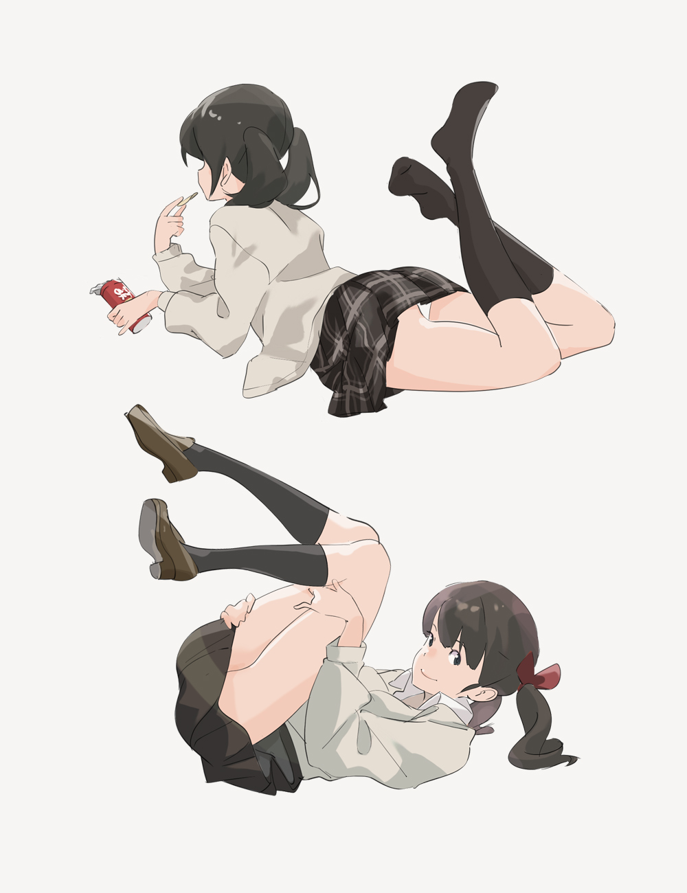 1girl bangs black_legwear bow brown_hair chips eating fetal_position from_behind from_side grey_background hair_bow highres legs_up loafers long_hair looking_at_viewer lying multiple_views on_back on_stomach original panties pantyshot pantyshot_(lying) popman3580 school_uniform shoes shoes_removed simple_background skirt socks twintails underwear white_panties