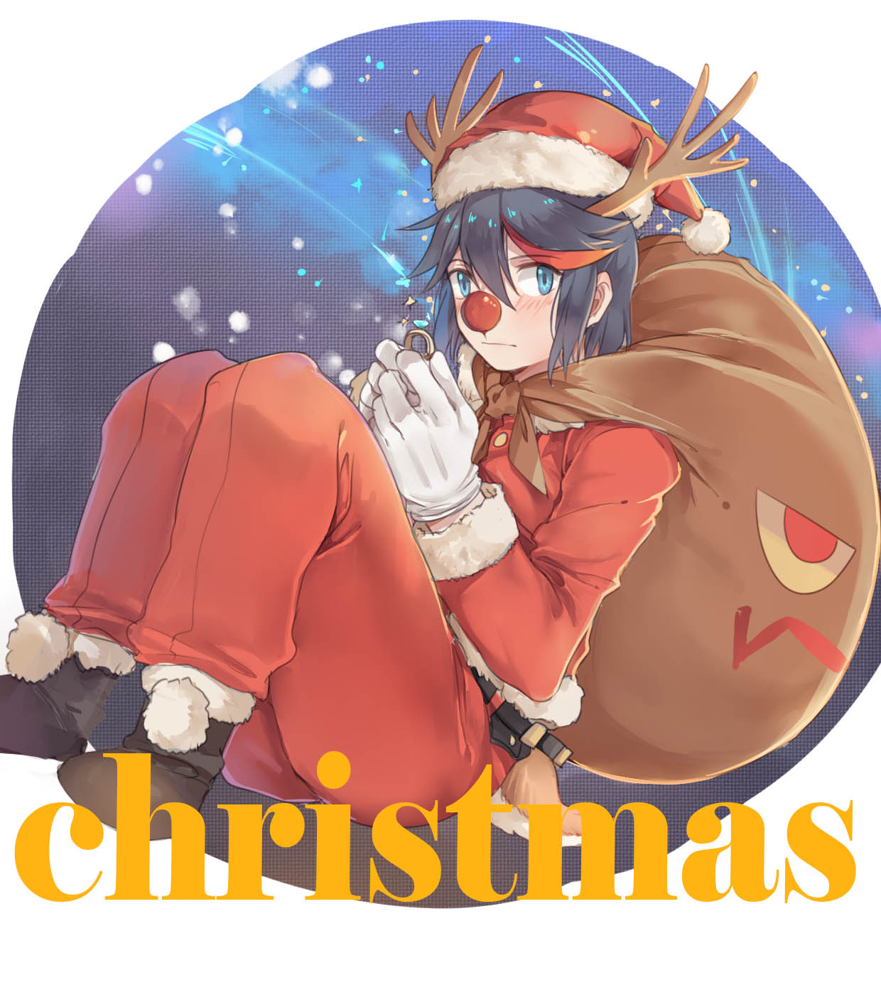 1girl alternate_costume antlers bag black_hair blue_eyes blush boots christmas fake_animal_tail fake_horns gloves hat highres jewelry kill_la_kill long_sleeves looking_at_viewer matoi_ryuuko multicolored_hair over_shoulder pants red_nose red_pants redhead reindeer_antlers reindeer_tail ring sack santa_costume santa_hat short_hair solo two-tone_hair white_gloves yorukun