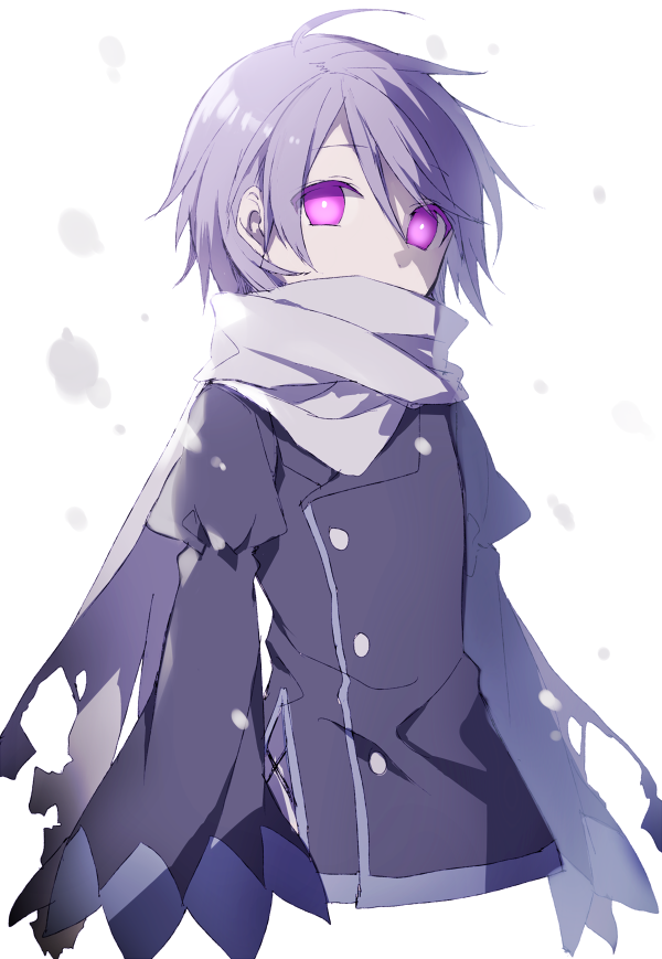 ahoge androgynous glowing glowing_eyes hijiri_(resetter) looking_at_viewer original scarf short_hair silver_hair simple_background sleeves_past_wrists snow solo torn_clothes upper_body violet_eyes white_background
