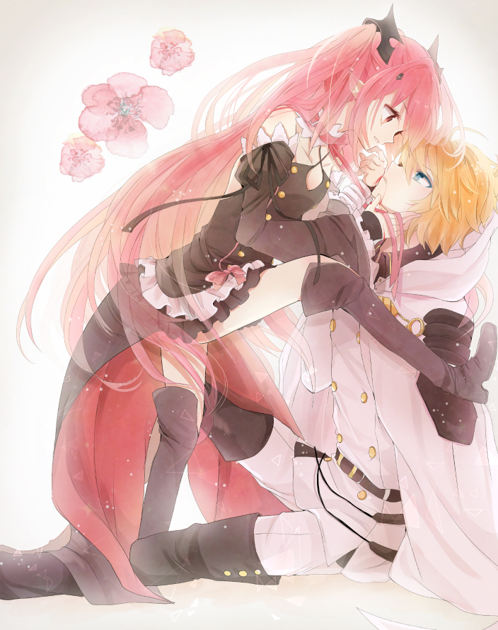1boy 1girl ahoge bare_shoulders blonde_hair blue_eyes boots choker cuffs detached_sleeves face-to-face fang gloves hyakuya_michaela krul_tepes long_hair military military_uniform open_mouth owari_no_seraph pink_eyes pink_hair pointy_ears red_eyes ringoro side_view smile uniform vampire very_long_hair white_gloves