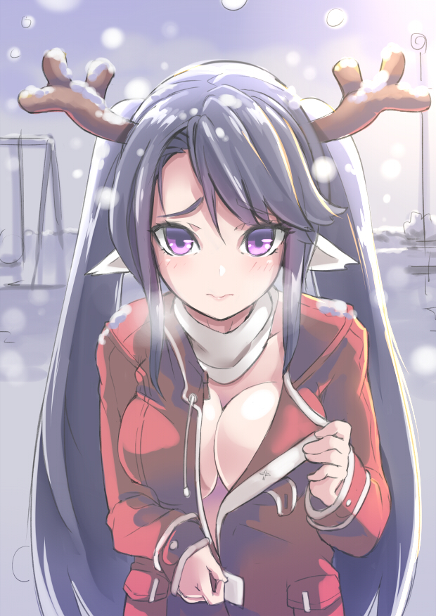 1girl animal_ears blue_eyes blue_hair breasts coat large_breasts long_hair looking_at_viewer no_bra open_clothes open_coat original phandit_thirathon reindeer snowing solo twintails very_long_hair wavy_mouth winter_clothes