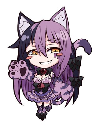 1girl animal_ears bare_shoulders bell black_hair blush blush_stickers bow breasts cat_ears cat_paws cat_tail cheshire_cat_(monster_girl_encyclopedia) chibi fur hair_bow kenkou_cross long_hair lowres monster_girl monster_girl_encyclopedia multicolored_hair paws purple_hair smile solo tail thigh-highs