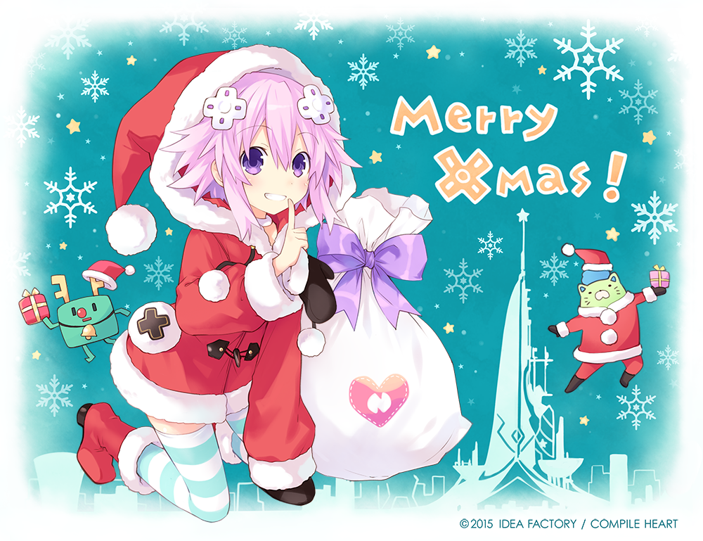 1girl bag christmas company_connection compile_heart d-pad fairy_fencer_f finger_to_mouth gift hair_ornament hat idea_factory long_hair looking_at_viewer neptune_(choujigen_game_neptune) neptune_(series) official_art pipin_(fairy_fencer_f) purple_hair santa_costume santa_hat smile snowflakes solo striped striped_legwear tsunako violet_eyes