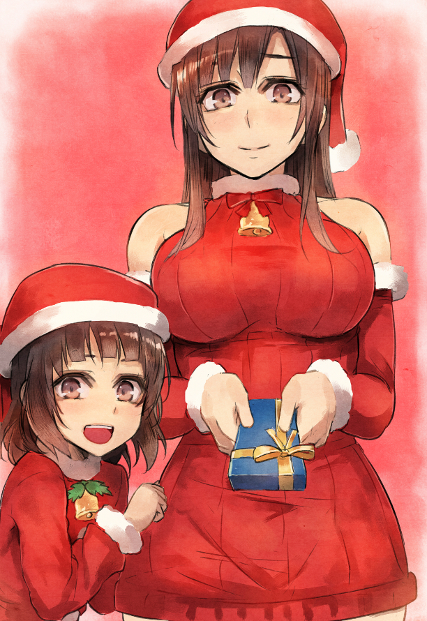 2girls :d bell breasts brown_eyes brown_hair gift hat jonasan long_hair looking_at_viewer multiple_girls open_mouth original santa_hat short_hair siblings sisters smile sweater