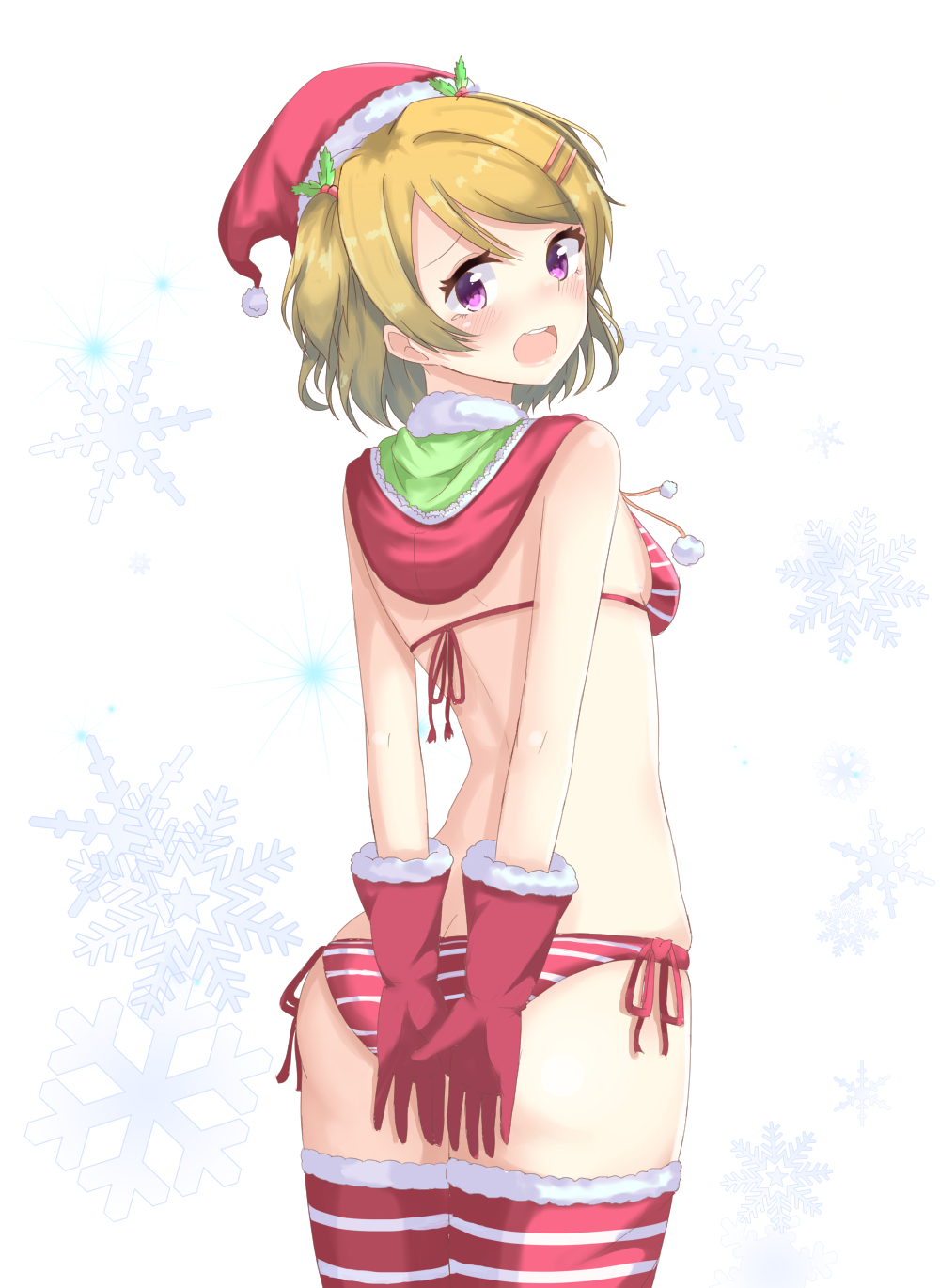 ass bikini brown_hair covering covering_ass hat highres koizumi_hanayo love_live!_school_idol_project santa_hat scarf short_hair swimsuit thigh-highs tonitorus violet_eyes