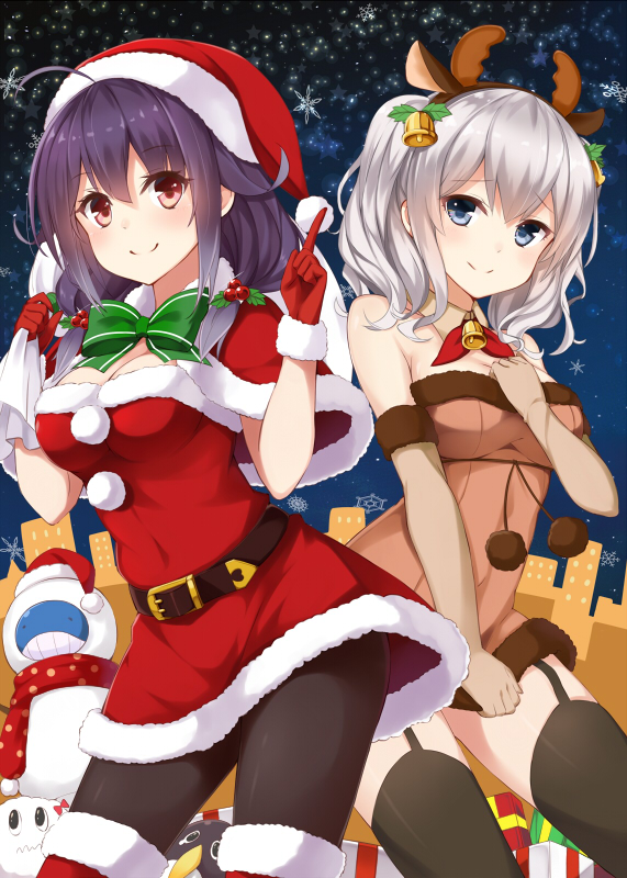 2girls ahoge animal_costume antlers bare_shoulders bell belt black_legwear blue_eyes blush boots box breasts capelet christmas cleavage collarbone detached_collar elbow_gloves failure_penguin fur-trimmed_gloves fur_boots fur_trim garter_straps gift gift_box gloves hair_flaps hand_on_own_chest hat jingle_bell kantai_collection kashima_(kantai_collection) large_breasts long_hair low_twintails miss_cloud mistletoe multiple_girls note_(aoiro_clip) pantyhose pom_pom_(clothes) purple_hair red_boots red_eyes reindeer_antlers reindeer_costume reindeer_ears sack santa_boots santa_costume santa_hat scarf silver_hair sky smile snowflakes snowman star_(sky) starry_sky taigei_(kantai_collection) thigh-highs twintails