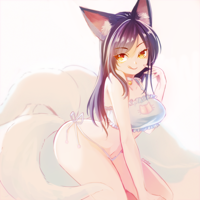1girl :q ahri alternate_costume animal_ears arched_back artist_name bangs bell bell_choker breasts cat_keyhole_bra choker eyebrows eyebrows_visible_through_hair fox_ears fox_tail frills jingle_bell kneeling large_breasts league_of_legends long_hair looking_at_viewer mizoreame multiple_tails navel panties purple_hair side-tie_panties solo stomach swept_bangs tail tongue tongue_out underwear underwear_only white_panties yellow_eyes