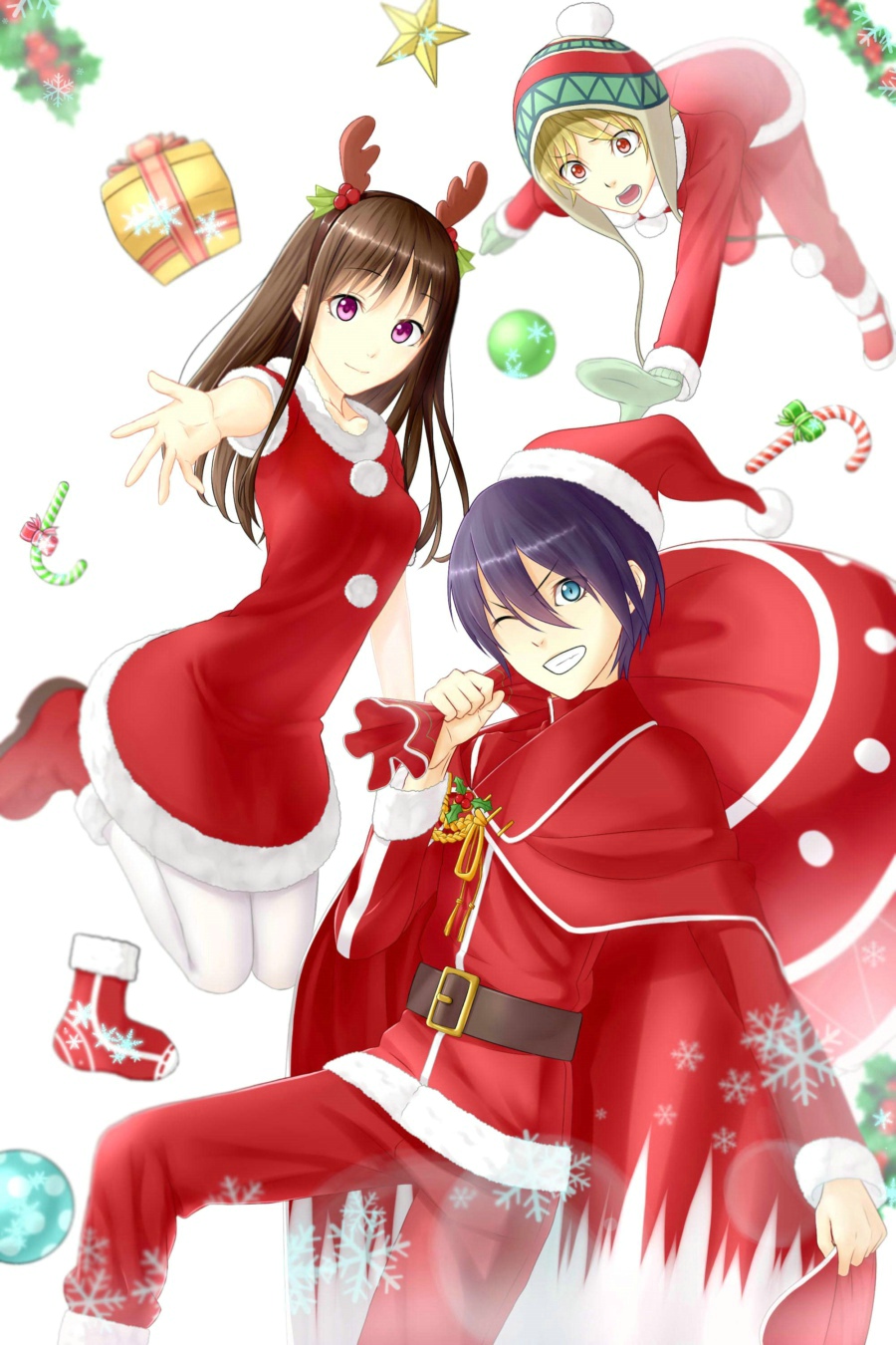 1girl 2boys antlers blonde_hair blue_eyes brown_hair christmas dress hat highres iki_hiyori long_hair looking_at_viewer multiple_boys noragami one_eye_closed open_mouth purple_hair red_dress red_eyes reindeer_antlers santa_costume santa_hat short_hair violet_eyes wonton yato_(noragami) yukine_(noragami)