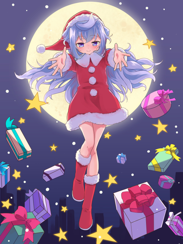 1boy blue_hair blush boots box christmas full_moon gift gift_box hacka_doll hacka_doll_3 hat long_hair moon otoko_no_ko pimgier red_boots red_hat santa_costume santa_hat smile solo star violet_eyes