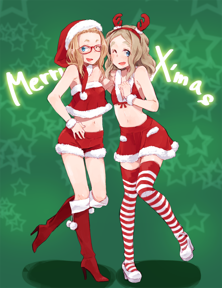 2girls arm_around_back bangs blue_eyes boots borrowed_character brown_hair chibikko_(morihito) christmas dekoglasses eyebrows fake_horns fur_trim glasses hairband hat high_heel_boots high_heels knee_boots merry_christmas midriff morihito multiple_girls navel one_eye_closed open_mouth original parted_bangs red-framed_glasses red_boots santa_costume santa_hat shoes shorts skirt smile standing_on_one_leg star strapless striped striped_legwear thick_eyebrows thigh-highs tubetop white_shoes wrist_cuffs