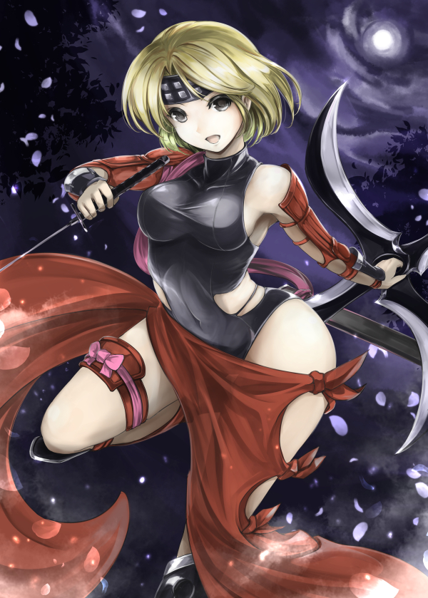 1girl armor armpits blonde_hair breasts djeeta_(granblue_fantasy) folded_leg full_moon granblue_fantasy grey_eyes japanese_armor kote kz_nagomiya leotard looking_at_viewer moon night ninja_(granblue_fantasy) open_mouth outdoors petals reverse_grip short_hair shuriken sideboob solo sword weapon