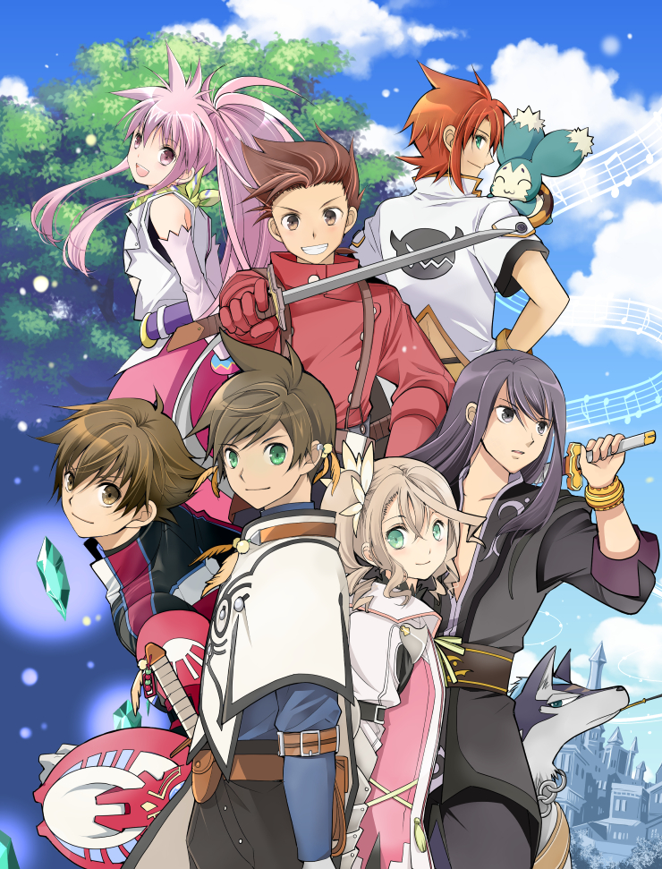2girls 5boys :d alisha_diphda arche_klein belt black_eyes black_hair black_shirt bracelet brown_eyes brown_hair capelet clouds creature crystal dog gloves green_eyes jewelry lloyd_irving long_hair looking_at_viewer looking_to_the_side luke_fon_fabre mieu multiple_boys multiple_girls musical_note open_mouth pants pink_eyes pink_hair pink_pants ponytail red_gloves red_shirt redhead repede shing_meteoryte shirt short_hair side_ponytail sky smile sorey_(tales) staff_(music) sword tales_of_(series) tales_of_hearts tales_of_phantasia tales_of_symphonia tales_of_the_abyss tales_of_vesperia tales_of_zestiria tinkle2013 tree weapon white_shirt yuri_lowell