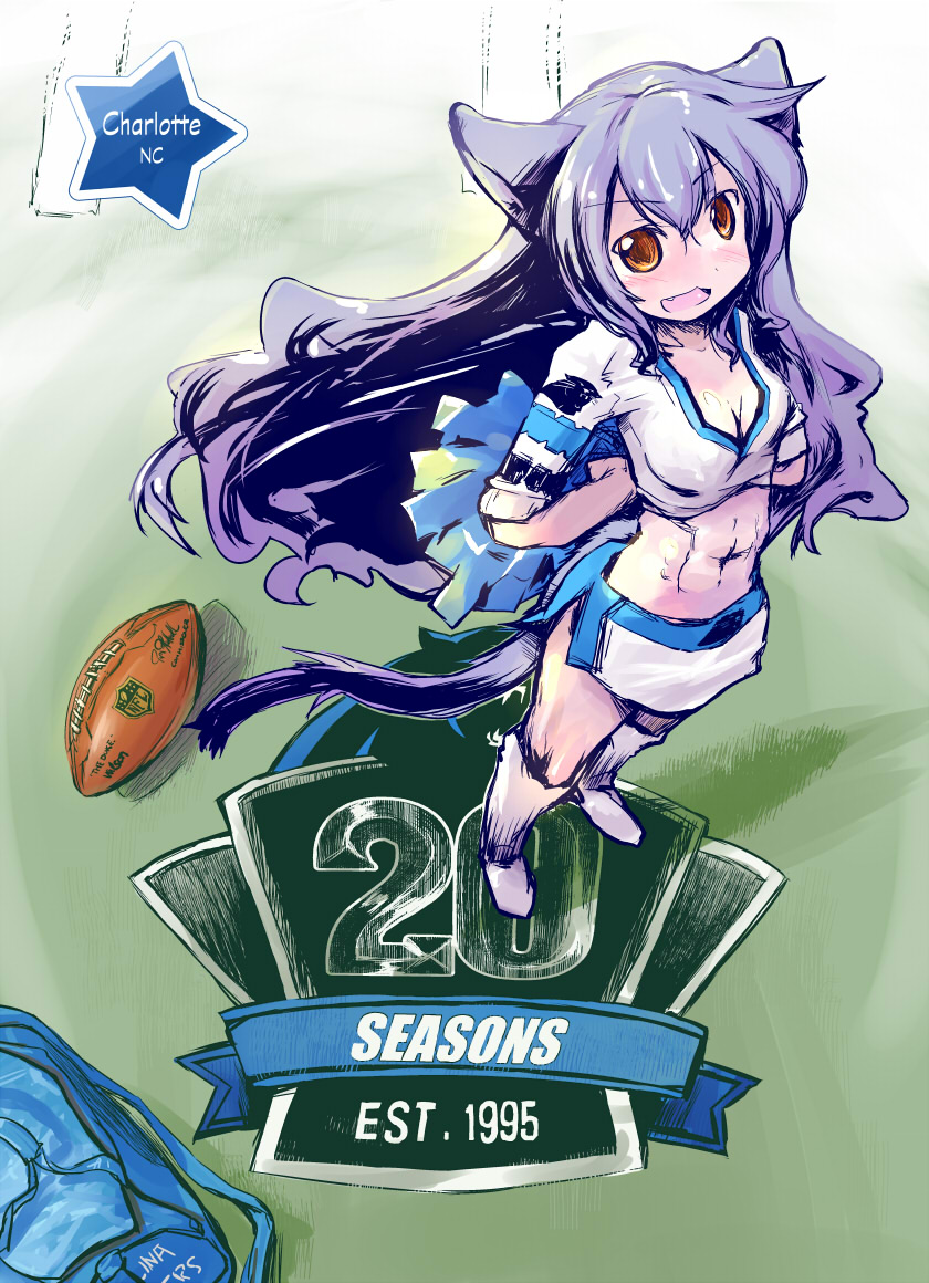 1girl :d abs animal_ears arms_behind_back bag blush breasts brown_eyes carolina_panthers cat_ears cat_tail cheerleader cleavage crop_top emblem fang football football_(object) full_body long_hair looking_at_viewer midriff mtr muscle national_football_league navel number open_mouth orange_eyes parted_lips pom_poms purple_hair rugby_ball side_slit skirt smile solo sportswear standing star tail very_long_hair white_skirt