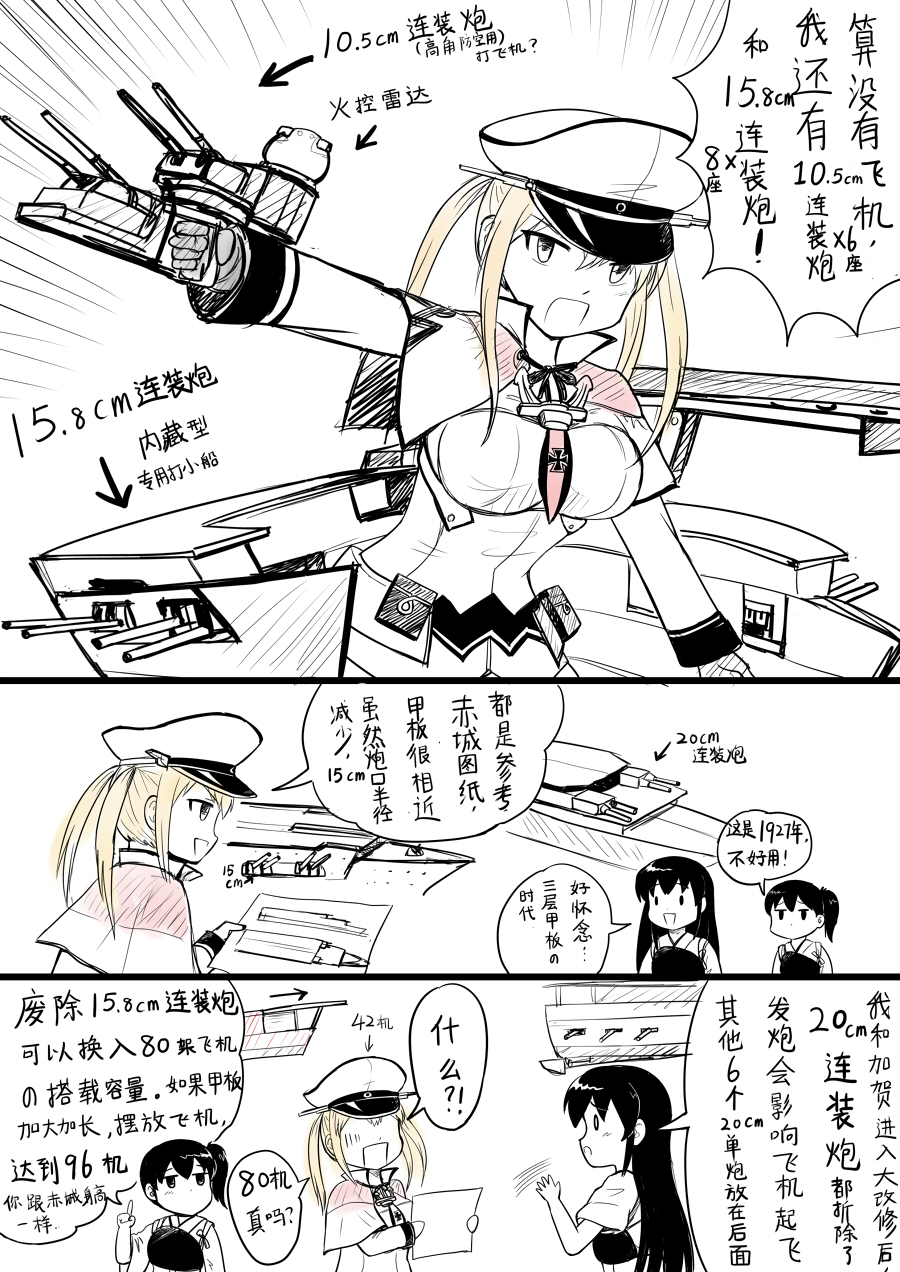 3girls akagi_(kantai_collection) blonde_hair breasts capelet chinese comic flat_gaze flight_deck graf_zeppelin_(kantai_collection) hat highres iron_cross kaga_(kantai_collection) kantai_collection long_hair machinery multiple_girls muneate open_mouth side_ponytail smile translation_request y.ssanoha